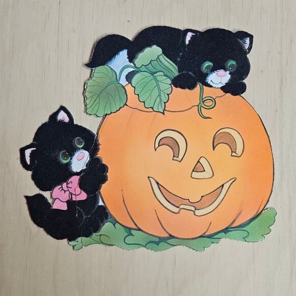 5 pc VTG Flocked Halloween Paper Decor Pumpkin Black Cat Witch Jack-o-loantern - Picture 4 of 7